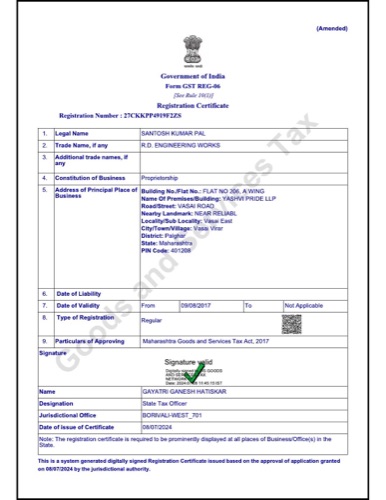 GST Registration Certificate for R.D. Engineering Works