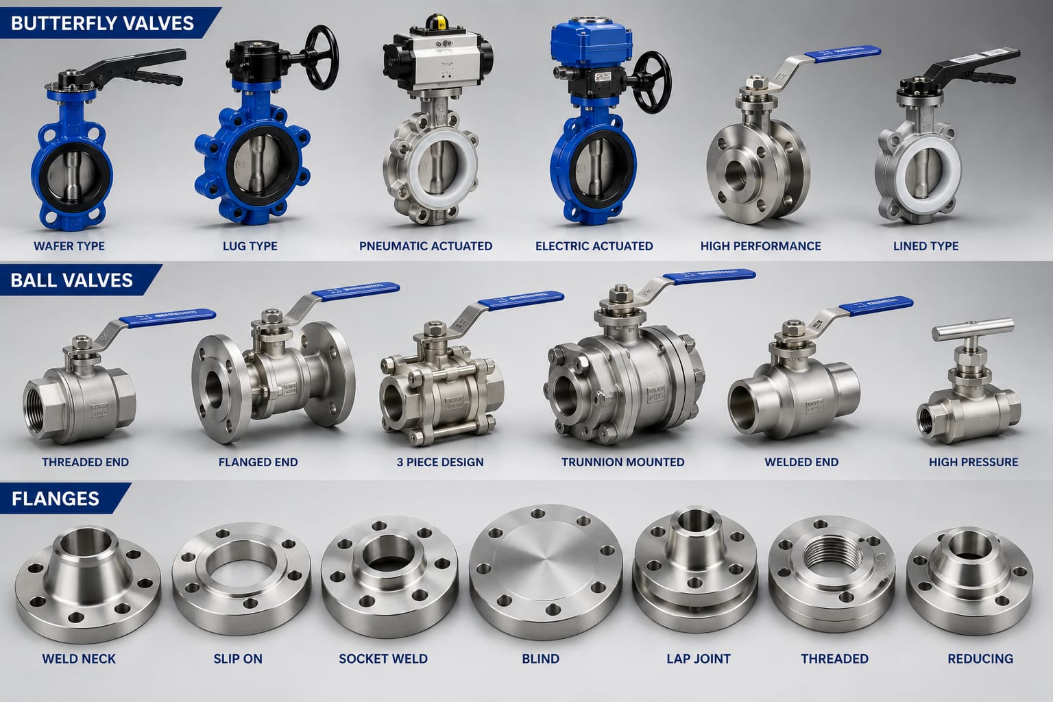 Range of industrial valves including ball and butterfly types