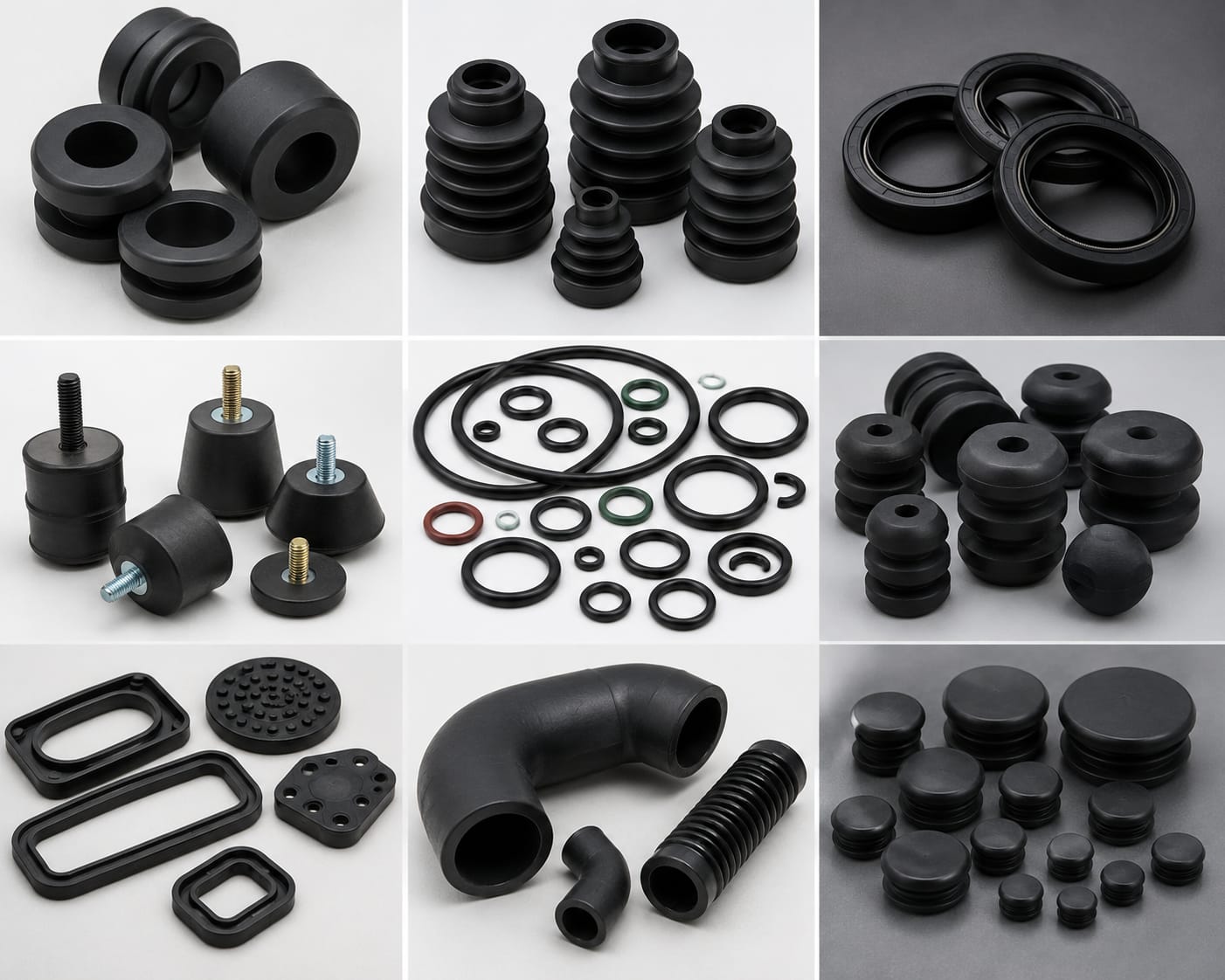 Range of moulded rubber components including bushes, grommets and seals